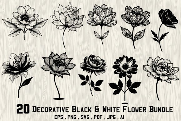 Decorative Black White Flower Bundle: Graphics & Illustrations