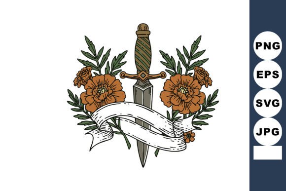 Decorative Vintage Dagger with Orange Fl Graphics